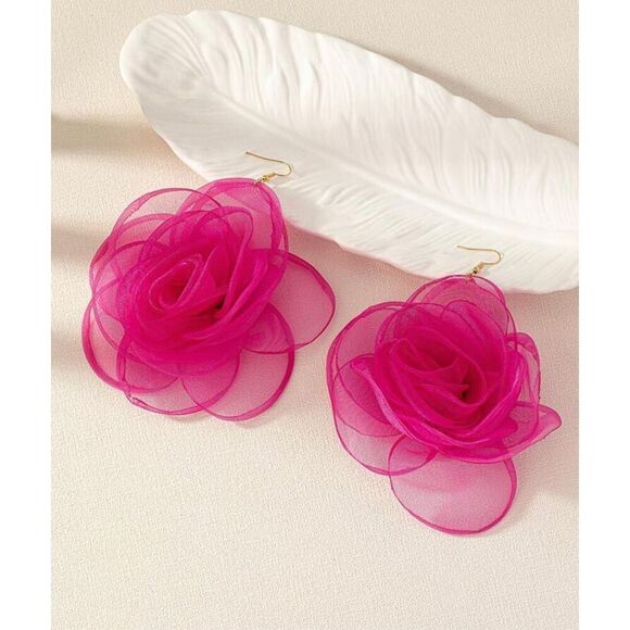 Hot Pink Rose Earrings - Picture 2 of 2